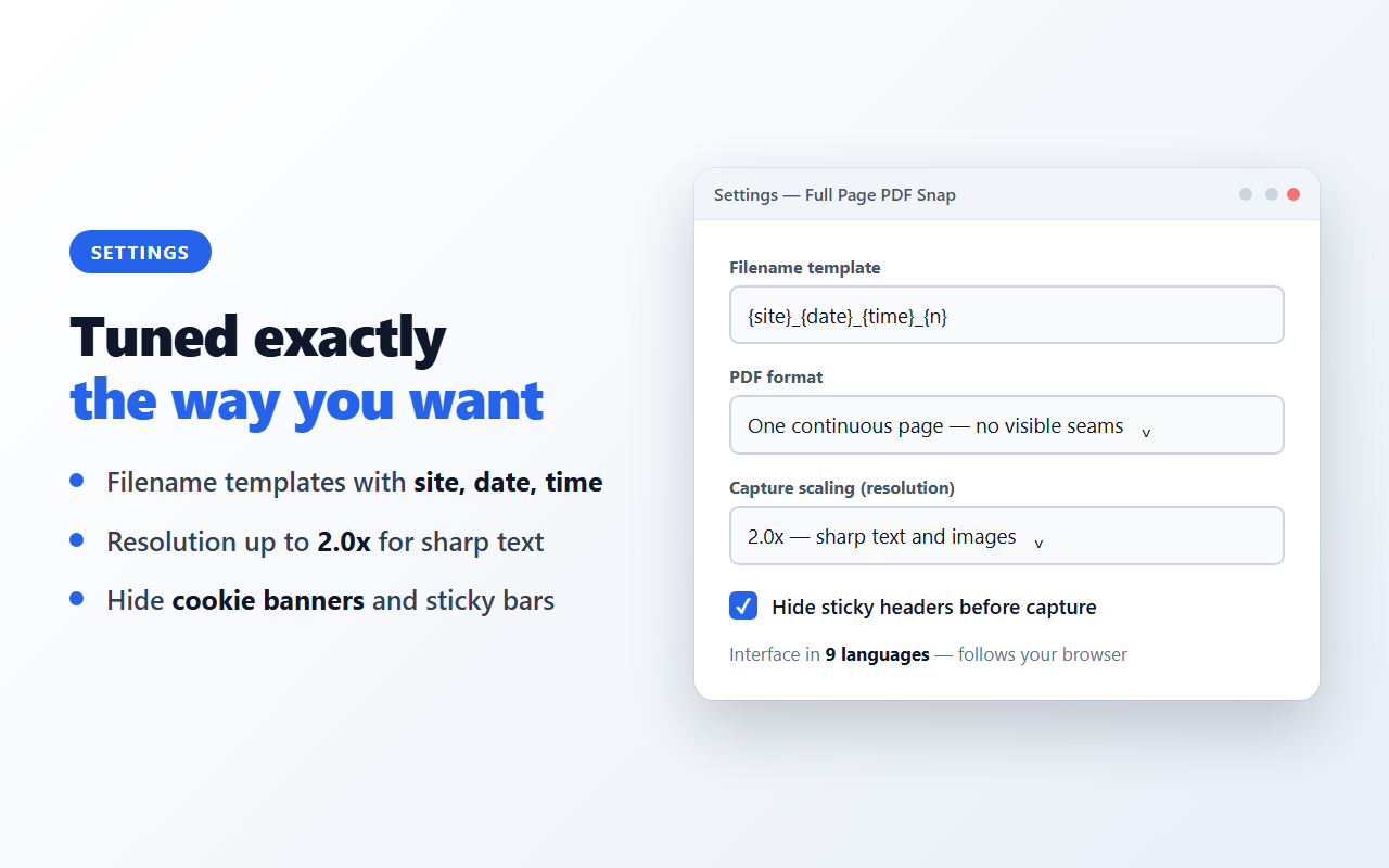 Settings page